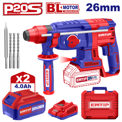 Ciocane Rotopercutoare - Ciocan rotopercutor cu 2 acumulator 4.0Ah, 22mm, motor fara perii (brushless), cutie de transport - ELRH202287, EMTOP