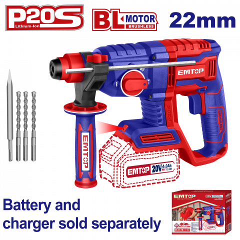 Ciocane rotopercutoare cu acumulator - Ciocan rotopercutor fara acumulator si incarcator, motor fara perii (brushless), 22mm, 2.0J, 3 burghie incluse - ELRH20208, EMTOP