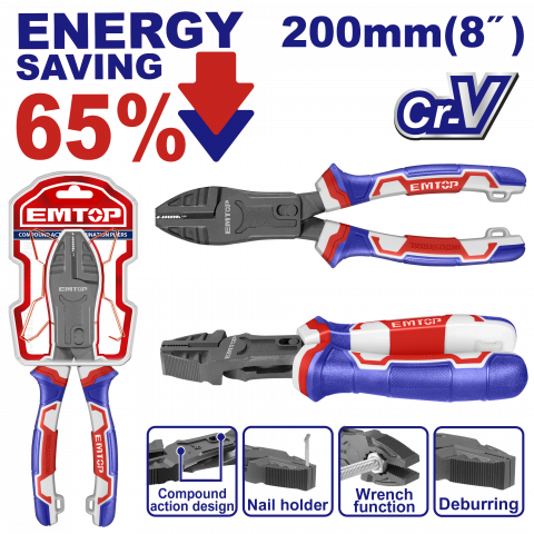 Bricolaj - Cleste combinat cu actiune compusa 200mm (8"), 65% economie de energie - EPLRCC0851, EMTOP