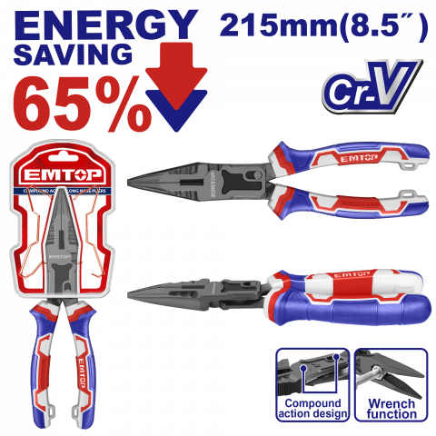 Bricolaj - Cleste combinat de forta cu varf lung 215mm (8.5"), 65% economie de energie - EPLRCL0851, EMTOP