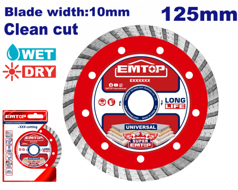 Scule si unelte electrice - Disc Turbo diamantat 125mm, taiere umeda si uscata pentru caramida, beton si piatra, lama 10 mm - EDDC031252, EMTOP