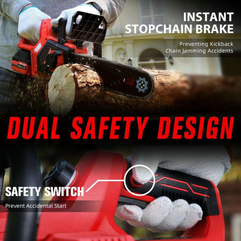 Drujba /mini fierastrau cu acumulator DDT-CRISTAL, 21V, 4A, Indicator procentaj baterie, sistem de ungere automat, Lama+Lant 12"Geanta transport, Rosu-Negru [3]