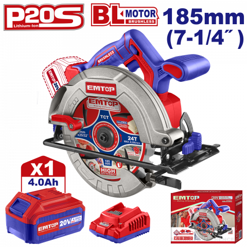 Bricolaj - Fierastrau circular cu 1 acumulator 4.0AH, motor fara perii (brushless), 185mm - ELCS18511, EMTOP