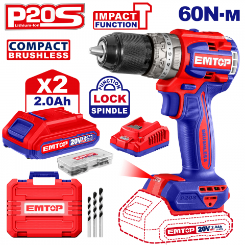 Bricolaj - Masina de gaurit cu impact cu 2 acumulatori, 60Nm, motor fara perii, compacta - ECiDL20602, EMTOP