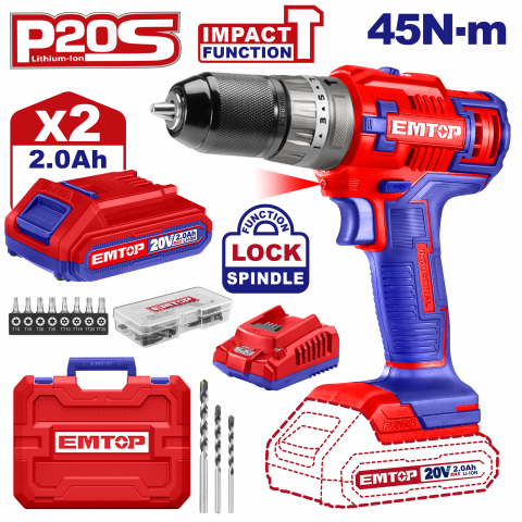 Bricolaj - Masina de gaurit si insurubat cu percutie cu 2 acumulatori 2.0AH, 45Nm, 55 accesorii, 3 burghie, cutie transport - ECiDL6200128, EMTOP