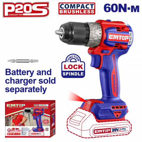 Bricolaj - Masina de gaurit si insurubat fara incarcator si acumulator, motor fara perii (brushless), 60Nm, 1/2" - ECDL206021, EMTOP