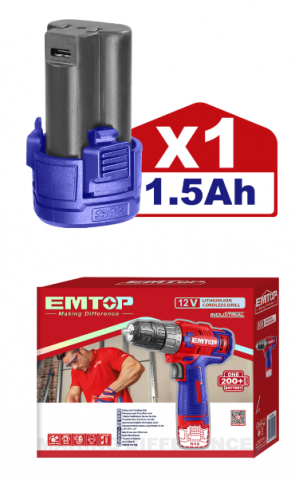 Masina de gaurit si insurubat cu impact, cu 1 baterie 1.5Ah, incarcare prin cablu tip C, 20Nm, fara incarcator - ECDL12510, EMTOP [1]