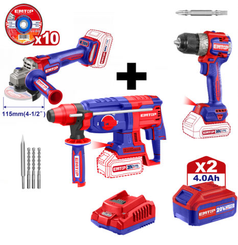 Produse noi - Pachet promo Polizor unghiular, motor fara perii (brushless), 115mm, 10 discuri incluse + Ciocan rotopercutor + Masina de gaurit si insurubat + 2 acumulatori 4.0Ah