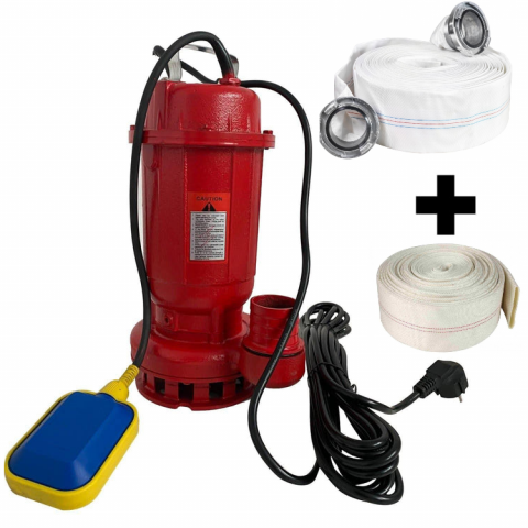 Produse noi - Pachet promo Pompa apa murdara din fonta DDT rosie WQD10 cu plutitor, 1100 W, 15 m³/h + Furtunul de pompier 2'' 20 m, 8 bari, cu cuple + Furtunul de pompier 2'' 20 m, 8 bari