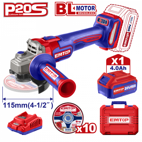 Bricolaj - Polizor unghiular cu 1 acumulator 4.0Ah, motor fara perii (brushless), 115mm, 10 discuri incluse - ELAG211541, EMTOP