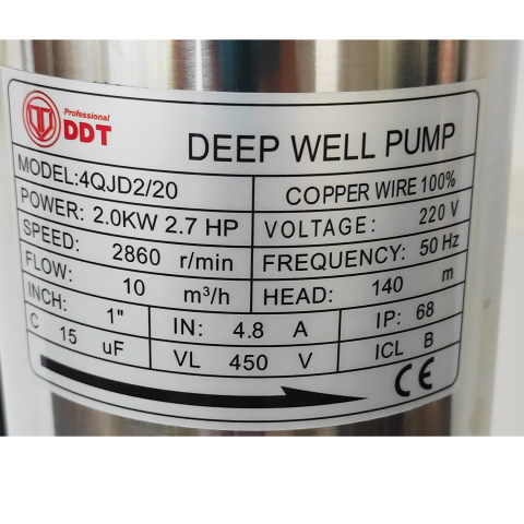 Pompa submersibila de apa curata, de mare adancime,DDT-PROFESSIONAL, 4QJD2-20 , 2000 W , 20 turbine, 10 m³/h , bobinaj cupru 100% [3]