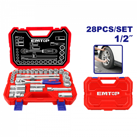 Bricolaj - Set tubulare cu clichet 1/2″ 28 buc, cutie de transport - ESKT12281, EMTOP