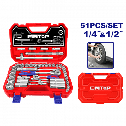 Bricolaj - Trusa de scule si accesorii 1/4″ + 1/2″, 51 componente, cutie de transport - ESKT42511, EMTOP