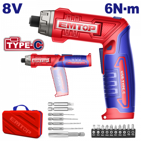 BRICOLAJ - Surubelnita cu incarcare prin cablu USB, 8V, 6Nm, maner reglabil, 17 accesorii, geanta inclusa - ECSR0803, EMTOP