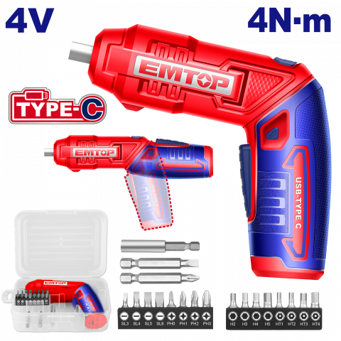 BRICOLAJ - Surubelnita cu incarcare prin cablu USB C, 4V, 4Nm, maner reglabil, 18 accesorii, cutie de plastic - ECSR0408, EMTOP