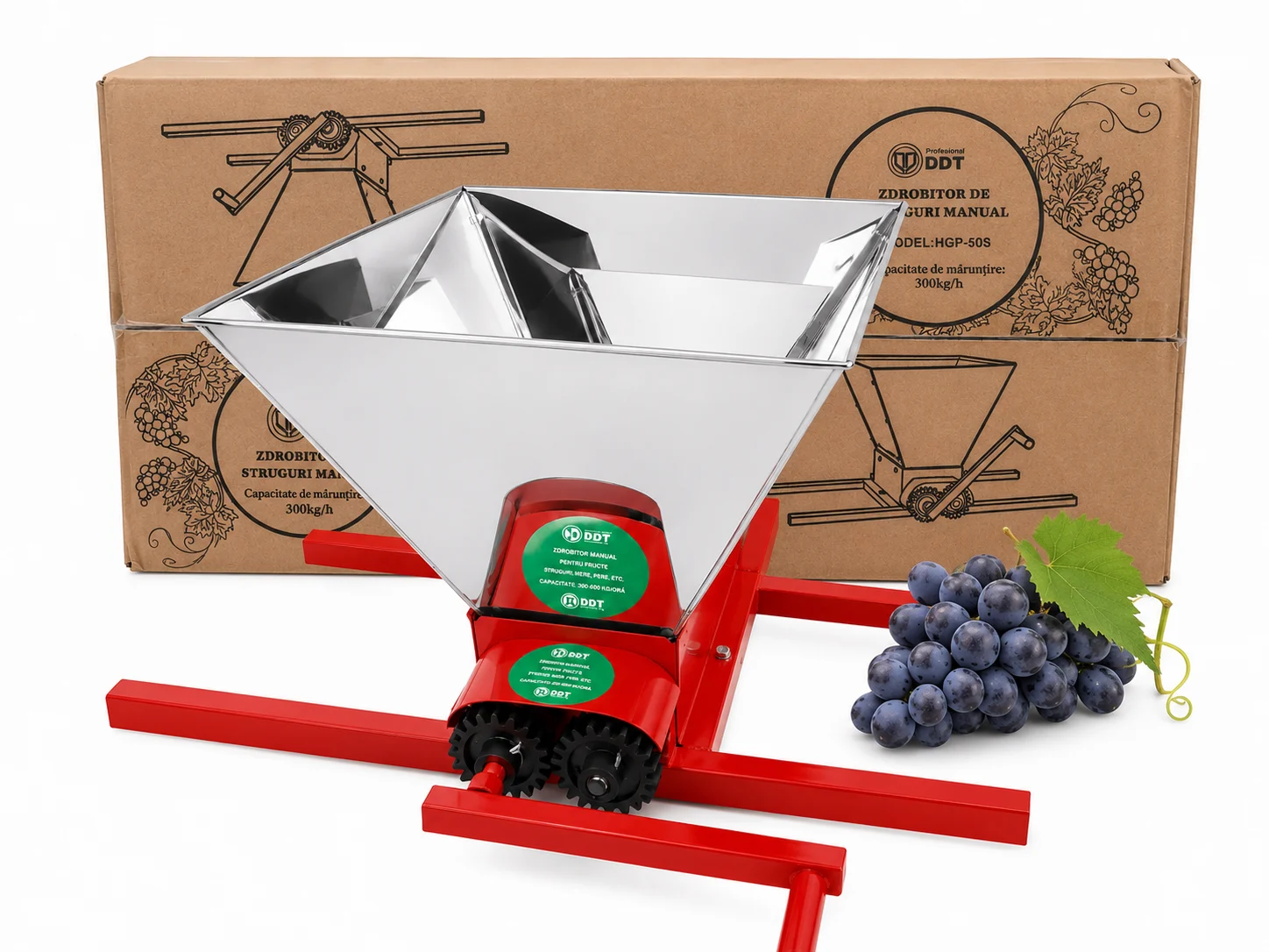 Zdrobitoare si teascuri - Zdrobitor manual de struguri cuva din Inox, DDT, capacitate maruntire 300 kg/h, cuva 25 l, Inox, Rosu DDT