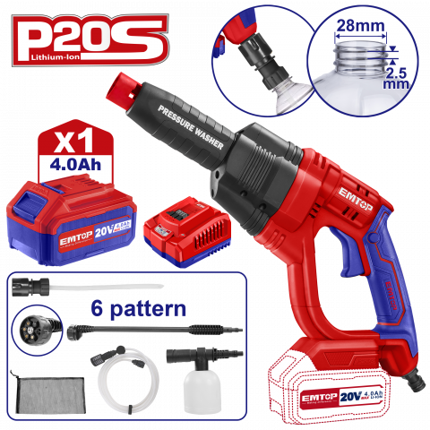 Aparate spalat cu presiune - Aparat de spalat cu presiune cu 1 acumulator 4.0AH si incarcator, 24 bari, 6 capete, geanta inclusa - ELPW202501, EMTOP