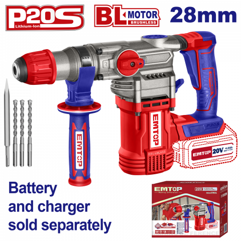 Ciocane rotopercutoare - Ciocan rotopercutor fara acumulator si incarcator, 28mm, 4 accesorii - ELRH20288, EMTOP