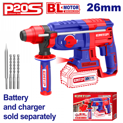 Ciocane rotopercutoare - Ciocan rotopercutor fara acumulator si incarcator, 26mm, 4 accesorii - ELRH20228, EMTOP
