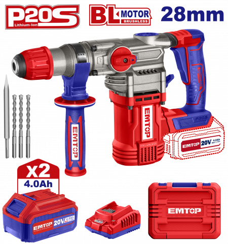 Ciocane rotopercutoare - Ciocan rotopercutor cu 2 acumulatori 4.0Ah, motor fara perii (brushless), 28mm, 2.0J, 3 burghie, cutie de transport - ELRH202882, EMTOP