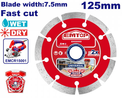 Scule & unelte - Disc diamantat uscat EMTOP EDDC01254, Diametru 125 mm, Lama 7.5 mm, Pentru taiere gresie
