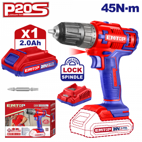 Scule & unelte - Masina de gaurit si insurubat EMTOP ECDL6200118, Acumulator 2.0 Ah, Cuplu 45 Nm, Ideala pentru bricolaj
