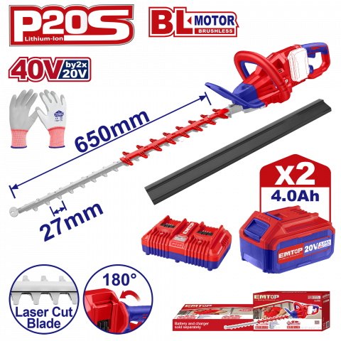 Trimmere electrice - Trimmer gard viu cu 2 acumulatori 4.0AH si incarcator dublu, lama 650, manusi protectie - ELHT400282, EMTOP