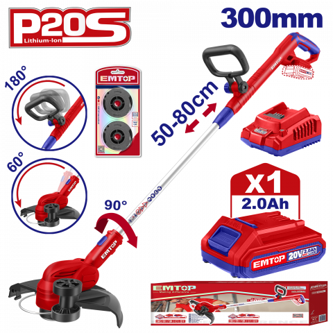 Gradina - Motocoasa electrica/Trimmer cu 1 acumulator 2.0AH, maner reglabil, 2.0AH, 300mm - ELGT203285, EMTOP