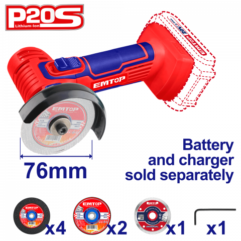 Scule si unelte - Mini polizor unghiular fara acumulator si incarcator, 76mm, 7 discuri incluse - ELAG7601, EMTOP