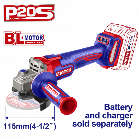 Scule si unelte - Polizor unghiular fara acumulator si incarcator, motor fara perii (brushless), 115mm - ELAG21154, EMTOP