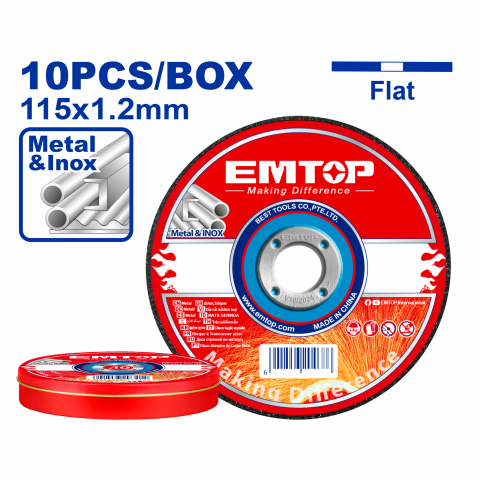 Scule & unelte - Set 10 discuri abrazive EMTOP EACD121155, Diametru 115 mm, Grosime 1.2 mm, Pentru taiat metale