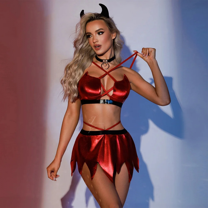Costum Sexy Little Devil – Set 3 Piese, Rosu Metalic [2]