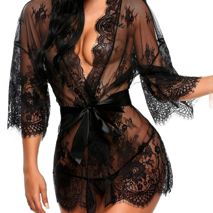 Halat Sexy Black Temptation din Dantela Transparenta cu Fundita Satinata [1]