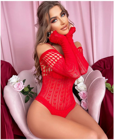 Body dantelat sexy cu decupaje, DU PU Rosu [5]