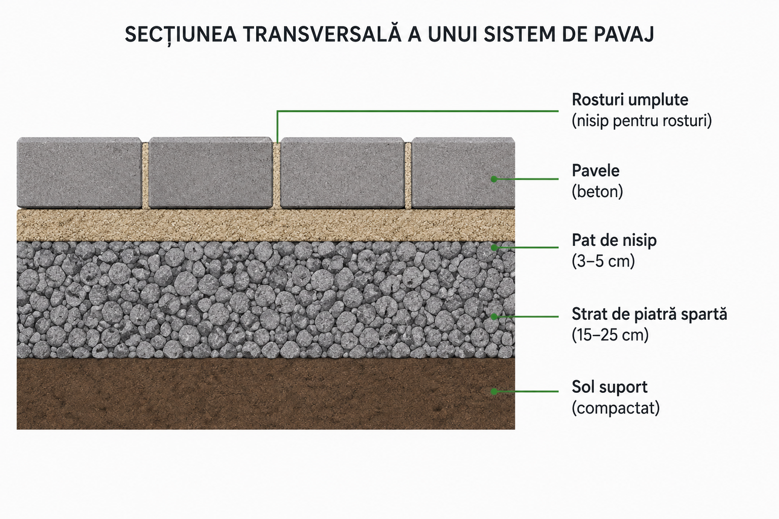 Diagramă secțiune strat suport și montaj pavaj rezidențial