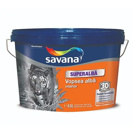 Vopsea si tencuieli decorative - Vopsea superlavabila interior Savana 3D Activ, superalb, 8.5 l