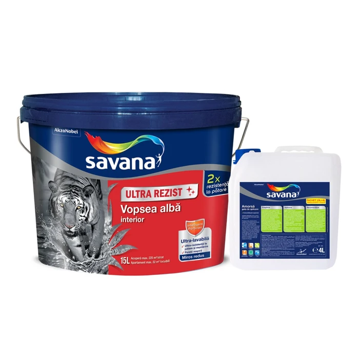 Vopsea si tencuieli decorative - Vopsea ultra-lavabila interior, Savana Ultra Rezist, alba, 15 L + Amorsa 4 L
