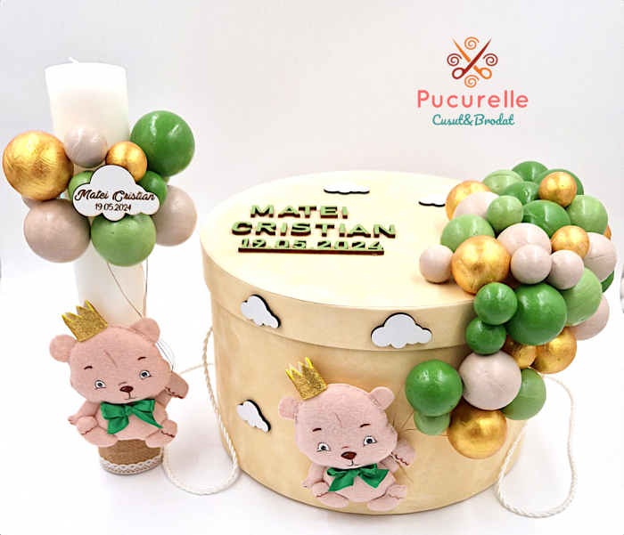 Trusou botez personalizat - 9 piese  "Ursuleț cu baloane- crem" [2]