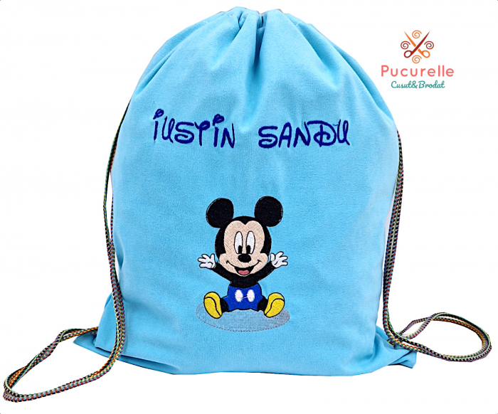 Săculeț bleu catifea personalizat pentru grădiniță "Mickey" [1]