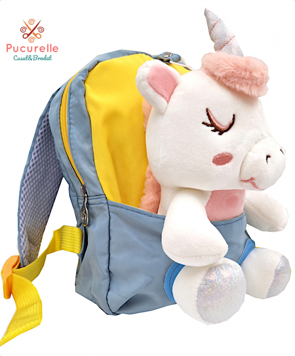 Ghiozdan 2 in1 cu jucarie detasabila unicorn, impermeabil, albastru l galben [2]