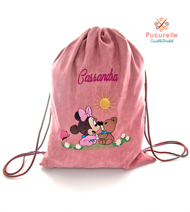 Săculeț roz personalizat pentru grădiniță "Minnie 2 personaje" [1]