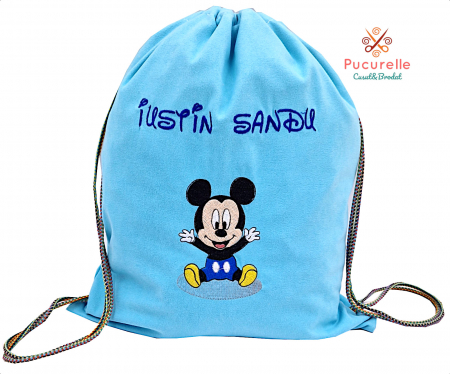Săculeț / Ghiozdan personalizat - Săculeț bleu catifea personalizat pentru grădiniță "Mickey"