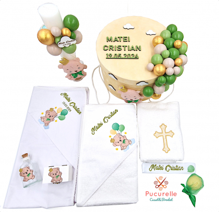 Botez - Trusou botez personalizat - 9 piese  "Ursuleț cu baloane- crem"