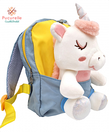 Ghiozdan 2 in1 cu jucarie detasabila unicorn, impermeabil, albastru l galben [1]