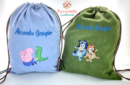 Săculeț / Ghiozdan personalizat - Săculeț personalizat pentru grădiniță "Doua personaje"