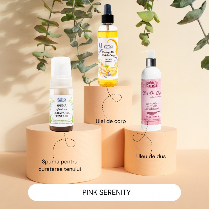 Set „Pink Serenity” – Ulei de duș Pink Lady, Ulei corp Lavandă‑Iasomie, Spumă ten [1]