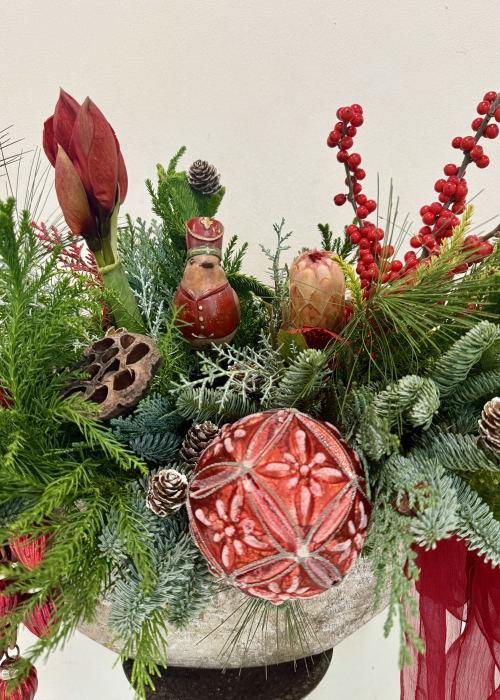 Aranjament de iarna rosu Amaryllis cu figurine si globuri [15]