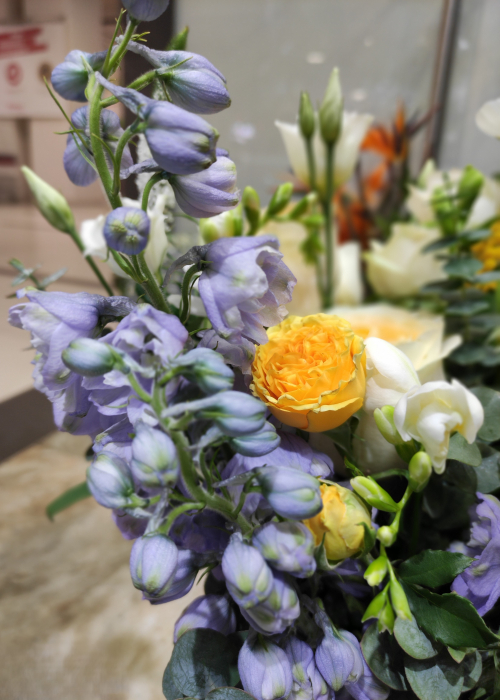 Aranjament floral cu mimosa si delphinium, alb cu galben si mov [2]