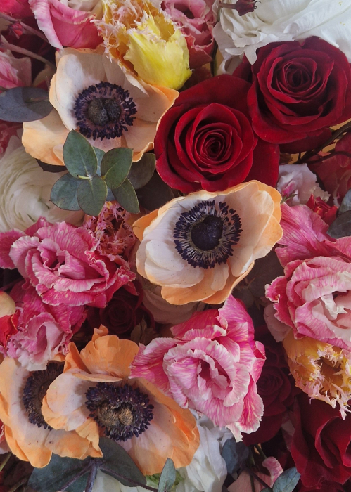Buchet cu anemone si trandafiri, ranunculus, lisianthus, lalele si eucalipt [1]