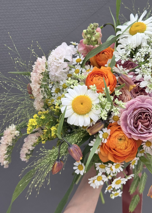 Buchet de cununie rustic din flori de camp portocaliu violet [2]